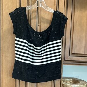 Carlisle Black and White Striped Lace-Accent Cap Sleeve Top
